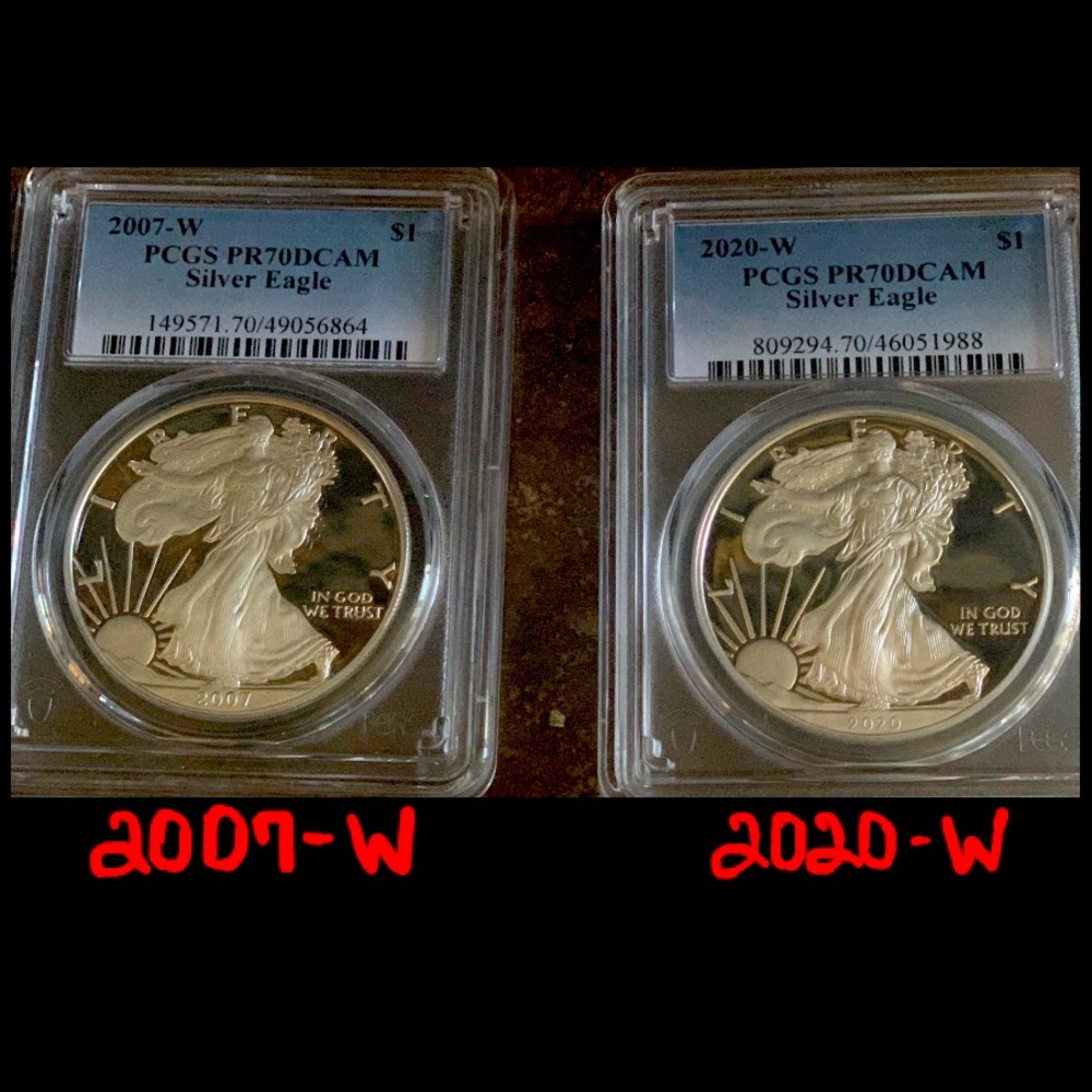 2007, 2020 (TWO) 1 OZ PROOF AMERICAN EAGLE SILVER DOLLAR*1-$175 or 2-$325*